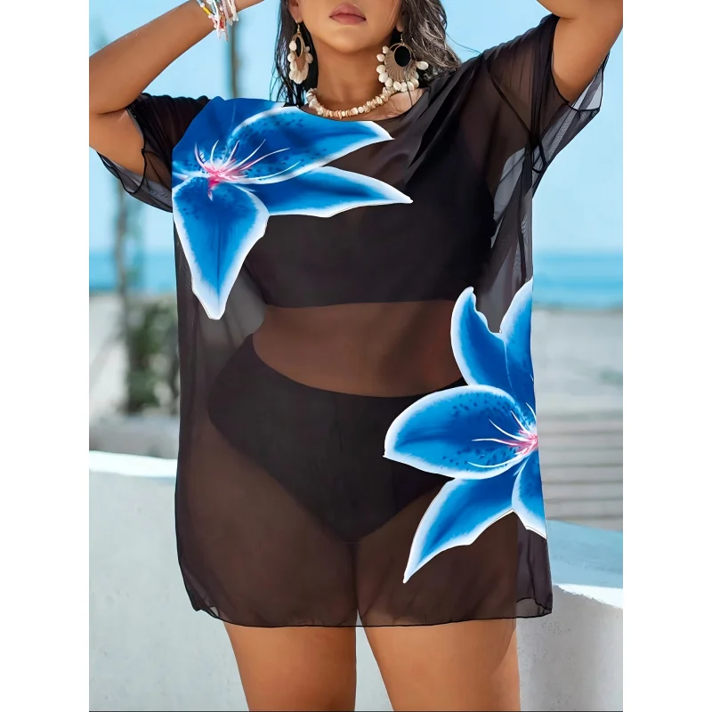 

Модное, повседневное, легкое, удобное пляжное платье-накидка с цветочным принтом больших размеров.