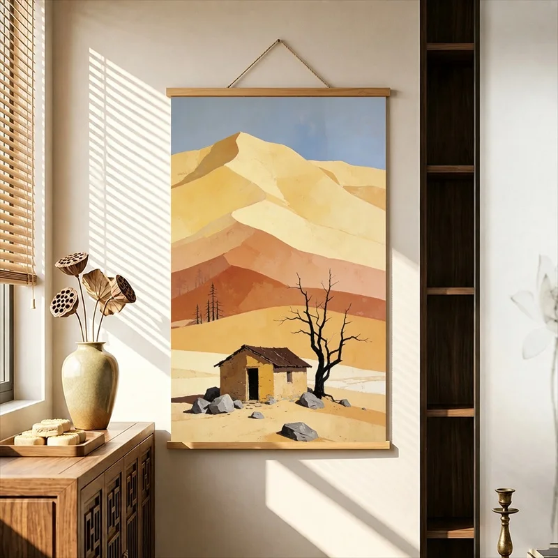 Desert Dunes Abstract Canvas Wall Art Hanging Scroll Minimalist Sand Landscape Print with Wooden Rods for Living Room