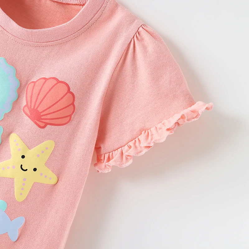 Little Maven Sommer-Neuheiten: Modische Baby-Mädchen-Tops, Kinderkleidung mit Seepferdchen- und Muschelmotiv, Baumwoll-T-Shirt für Kinder von 2-8 Jahren – Detail 5