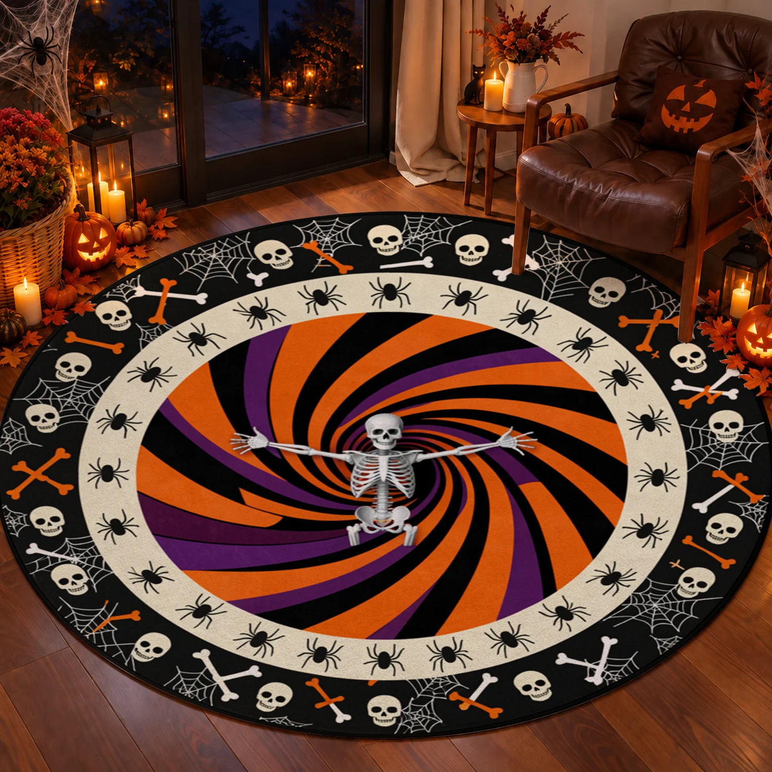 Halloween Spiral Skeleton Skull Spider Web Pattern Round Velvet Area Rug, Machine Washable Soft Floor Mat for Living Room, Bedroom, Entryway, Dining Room, Ideal for Halloween, Thanksgiving, Christmas, New Year, Black Friday, Cyber Monday Home Decor