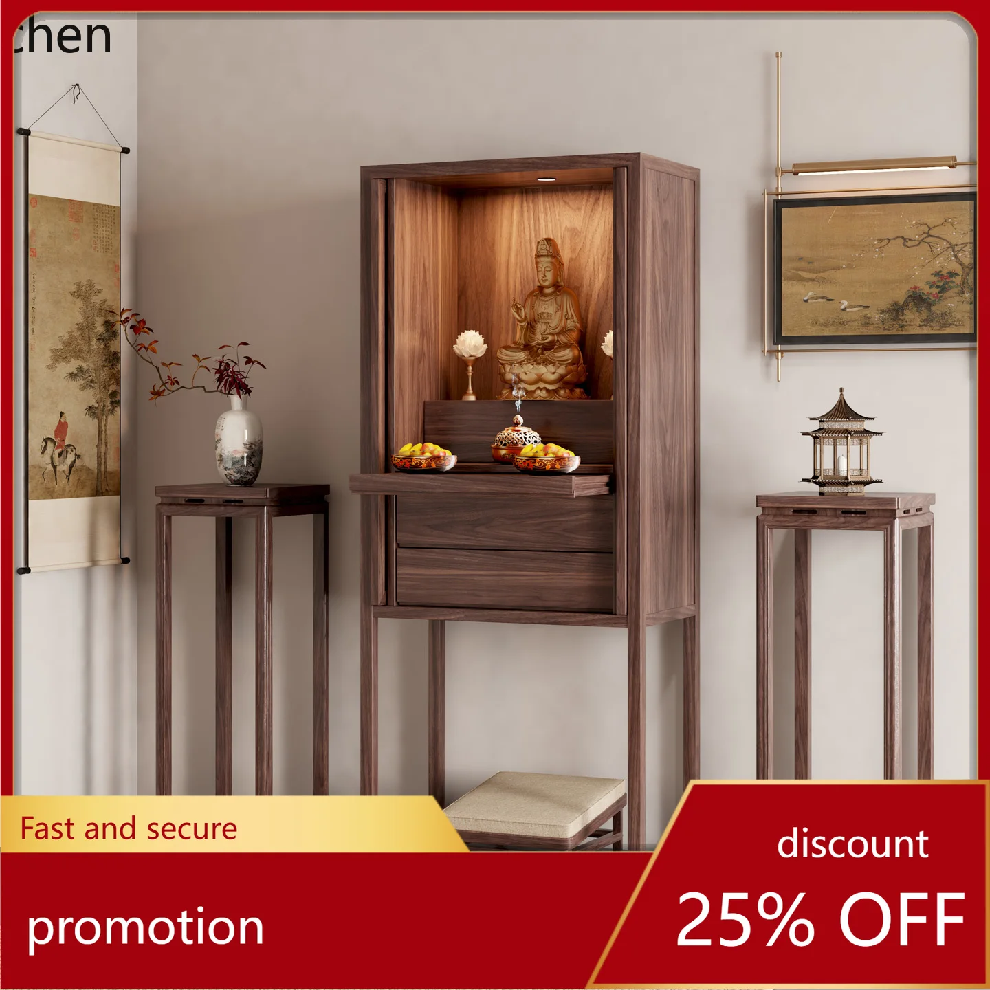 

HXL Ash Wood Hidden Door Step Altar Table Guanyin Bodhisattva Standing Cabinet Vertical Strip