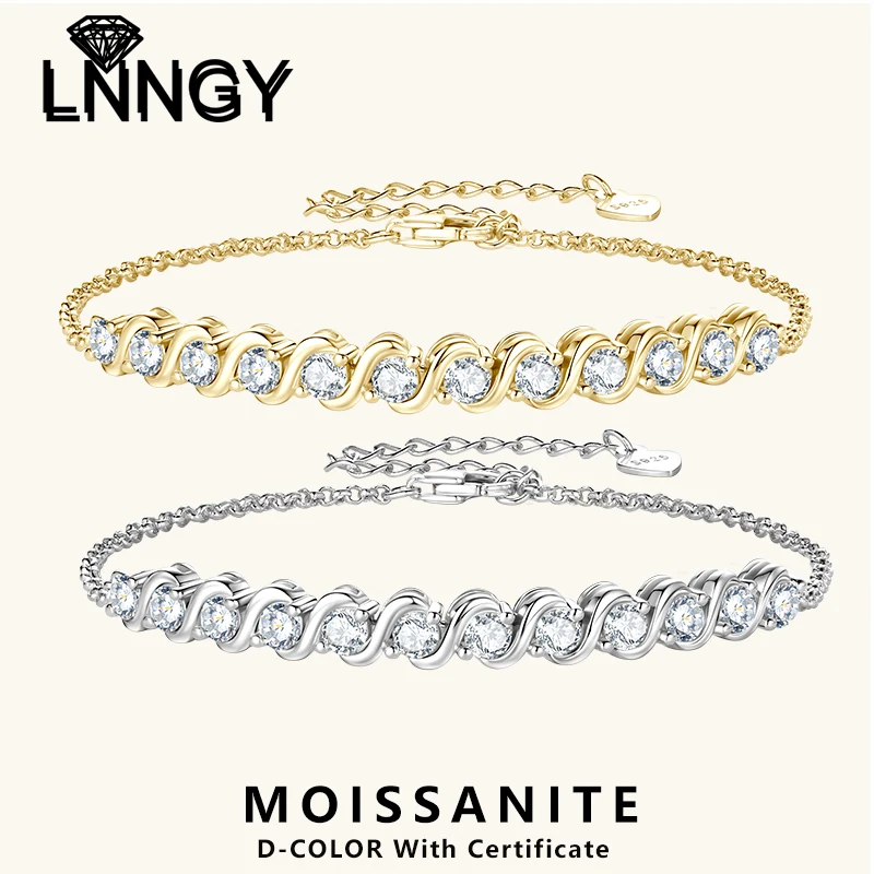 

Lnngy 3mm Round Moissanite Bracelet Certificate 925 Sterling Silver Adjustable Chain Bracelets for Women Jewelry Gift