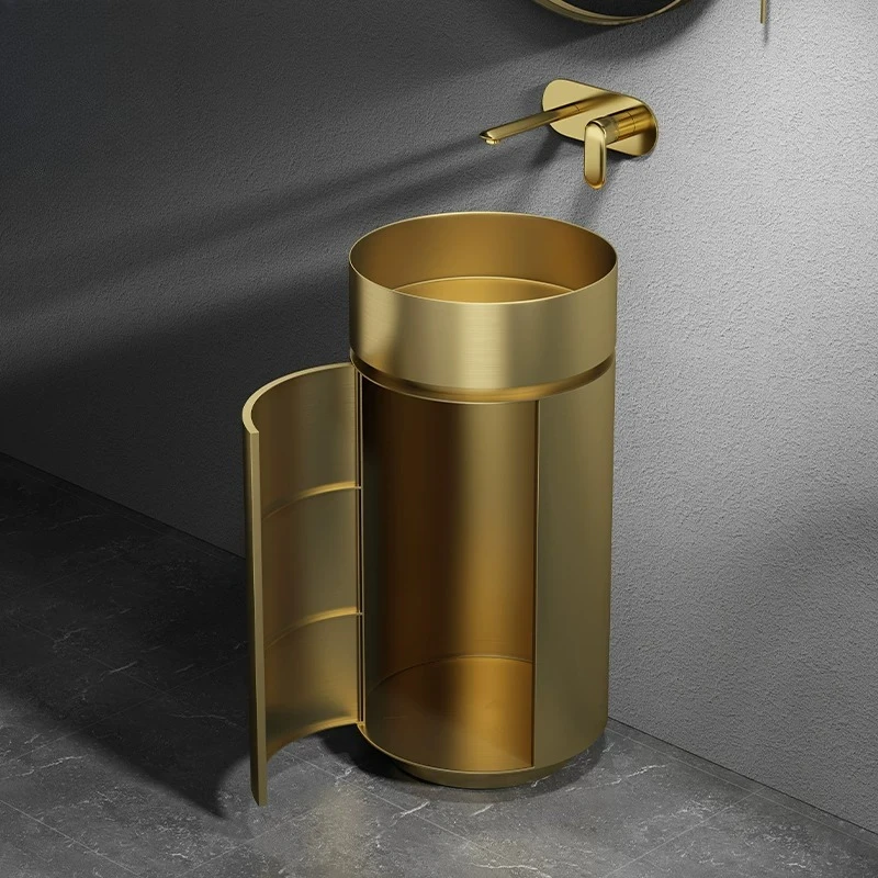Open door light luxury stainless steel column basin integrated floor wash basin hotel anti-kick column washbasin