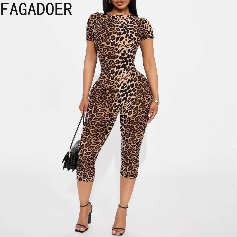 FAGADOER Sexy Leopard Print Bodycon Jumpsuits Women Sleeveless Backless Short Sleeve  Rompers Female Club Party Overalls 2025