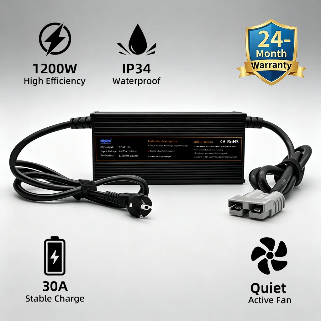 

12V 24V 36V 48V 60V 72V 1200W LiFePO4 Charger 30A Active Cooling Fan for Forklift Golf Cart EV Smart Charger