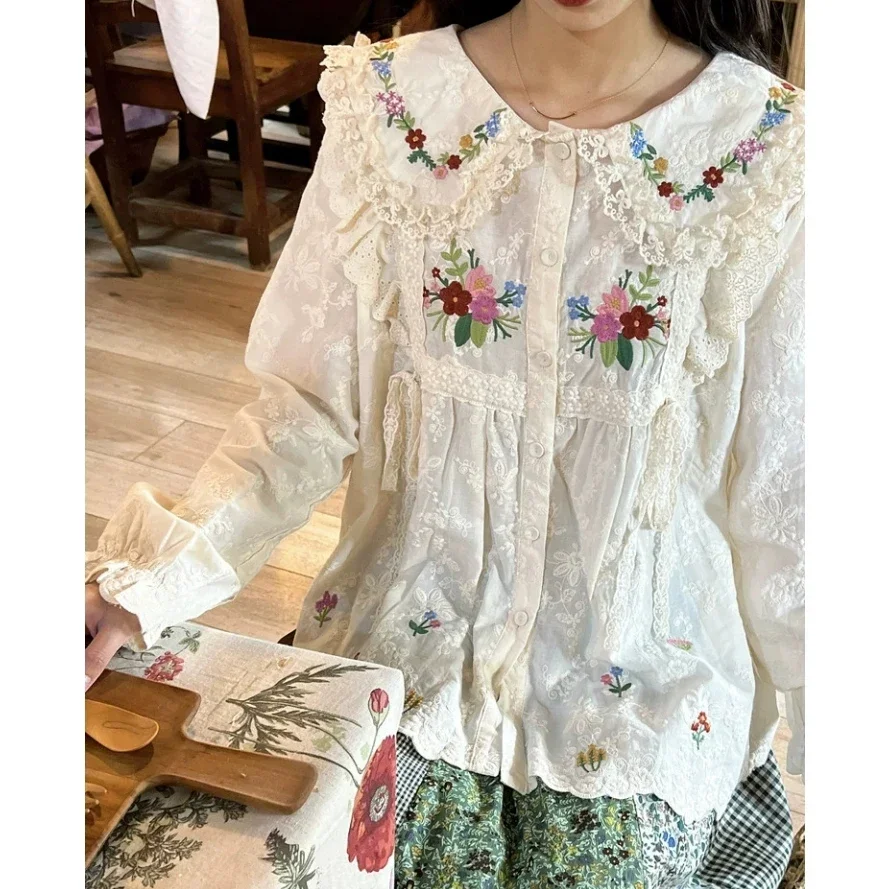 Women Vintage Cottagecore Floral Embroidery Lace Blouse Retro Chic Mori Girl Lolita Sweet Kawaii Cotton Victorian Rococo Shirt