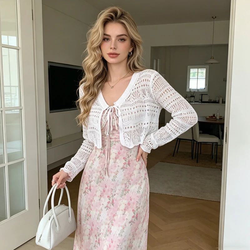 

Hollow Out Sweet Summer Short Shirts for Dress Loose Lace Up Cover Knitted Women's Jackets Cardigan Coats Korean New Casual Tops