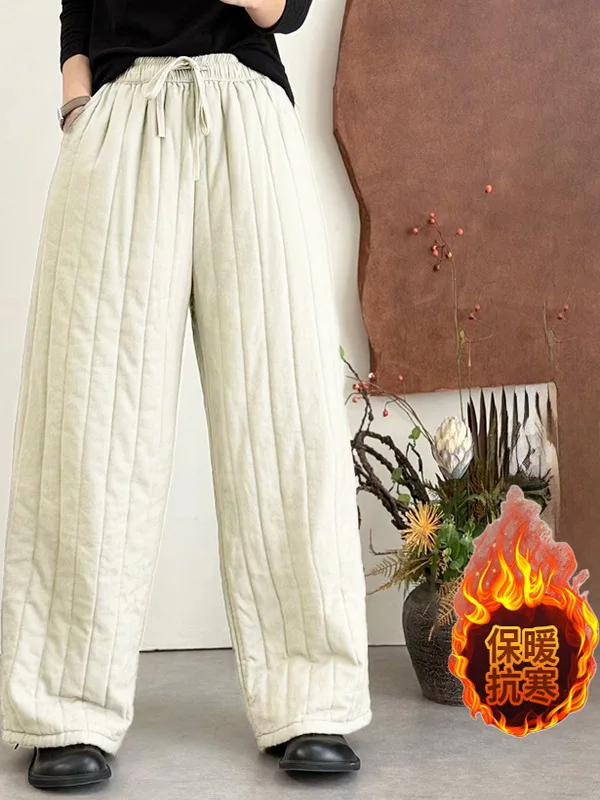 Winter New Sle Women's Casual Wide Leg Pants Elastic Waist Belt Cotton Trousers Slimming Versatile Thi Long Trousers