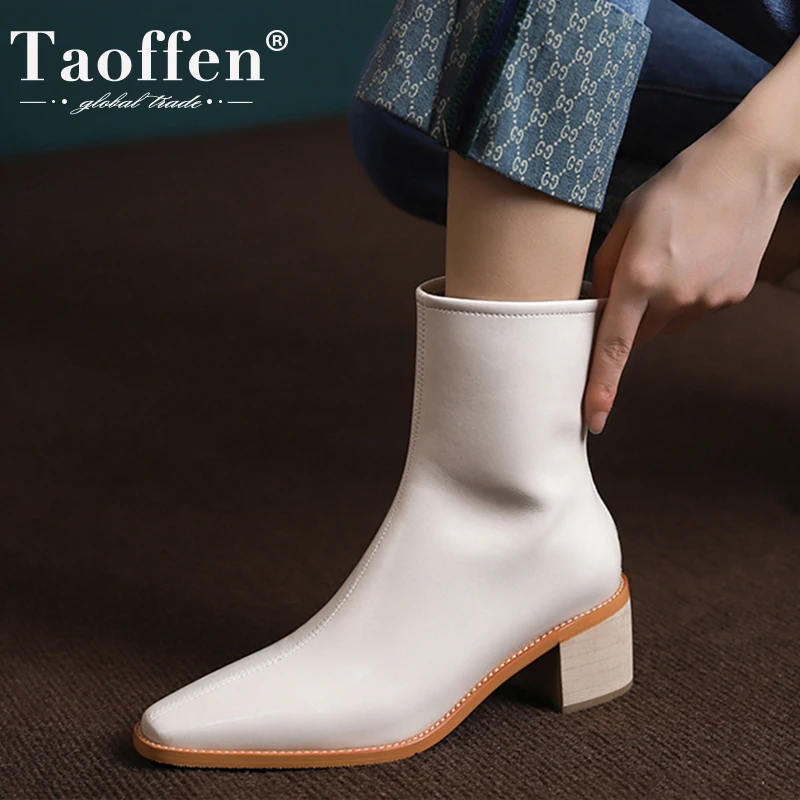 Taoffen New Arrivals Women Ankle Boots Real Leather Zip Shoes Woman Winter Party Club Short Boots Female Footwear Size 33-40