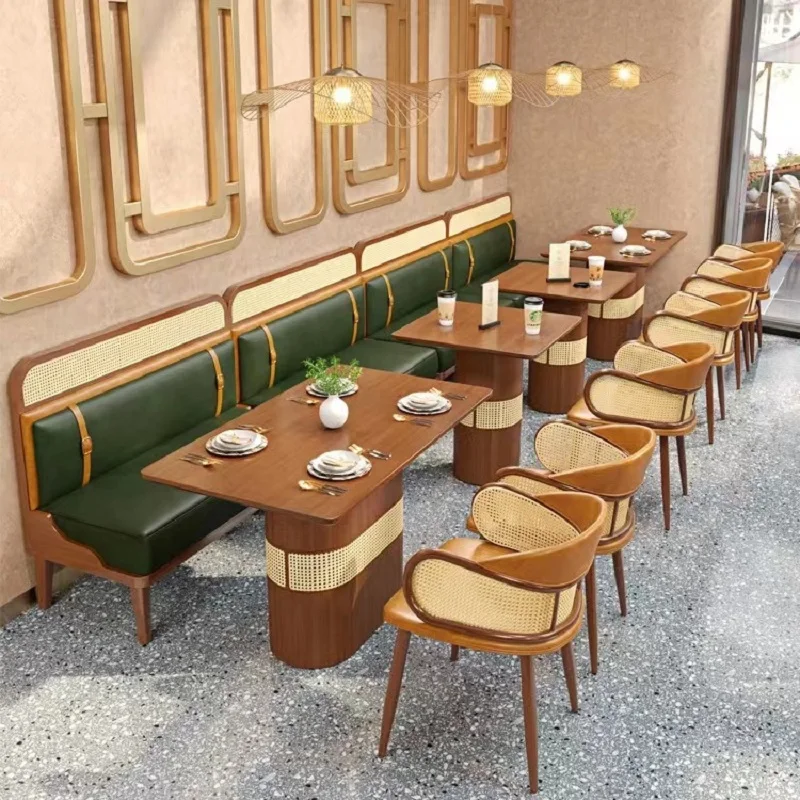 creative rattan solid wood booth sofa restaurant semi-circle booth coffee shop Western restaurant luxury  table and chair