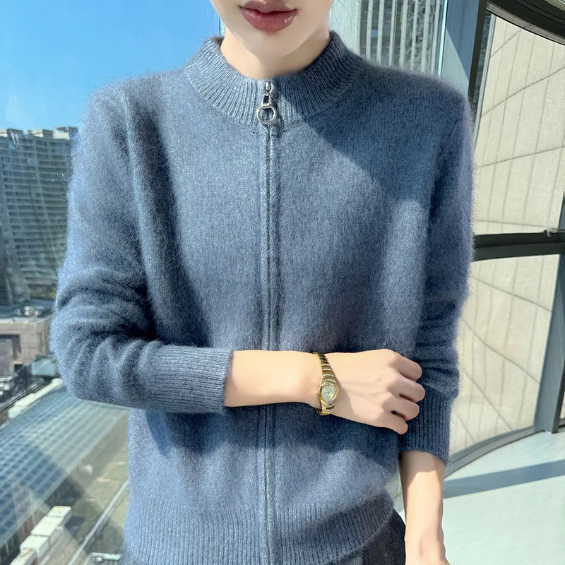 Cardigan con cerniera in lana di visone a maniche lunghe autunno e inverno Top da donna in maglia di lana allentata tinta unita