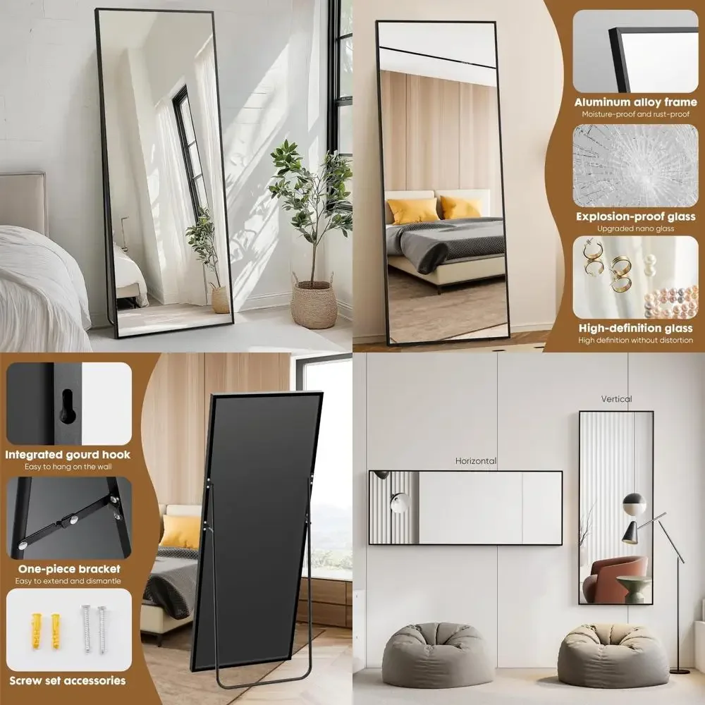 Espelho de pé de comprimento total 64x21 espelho de piso com moldura de alumínio para decoração de parede de quarto e banheiro