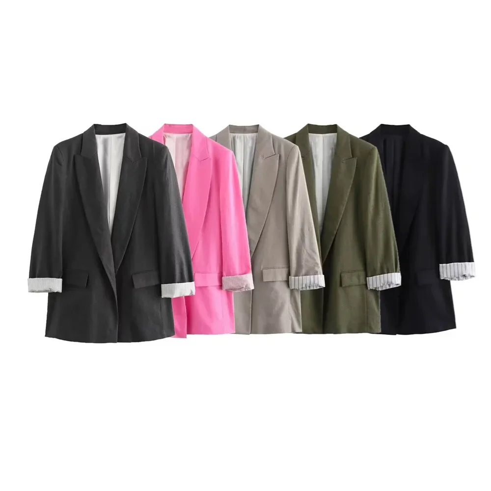 Pop 2024 Summer New Product Women's Fashion And Casual Versatile Linen Blended Roll Sleeve Suit Coat