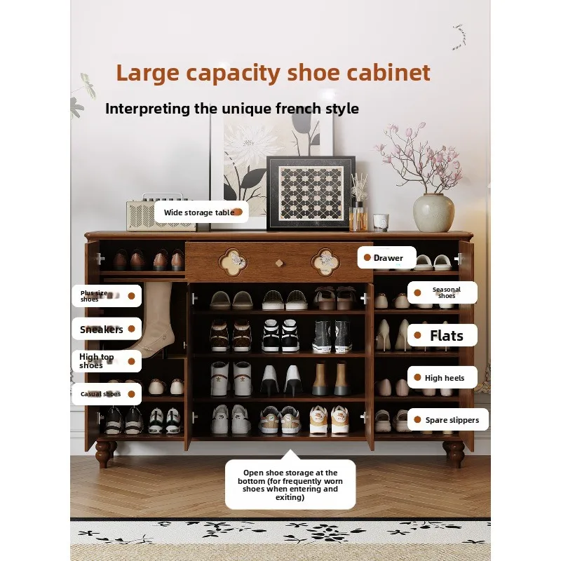 medieval solid wood shoe cabinet, integrated wall storage cabinet at the entrance of the home, large-capacity multi-layer