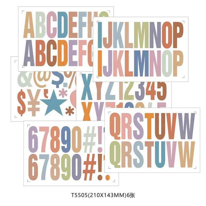 6 Blatt Farbverlauf-Alphanumerische Aufkleber, Buchstaben- und Zahlen-Sticker-Set für DIY-Journal, Scrapbook & Schreibwaren-Geschenkdekoration