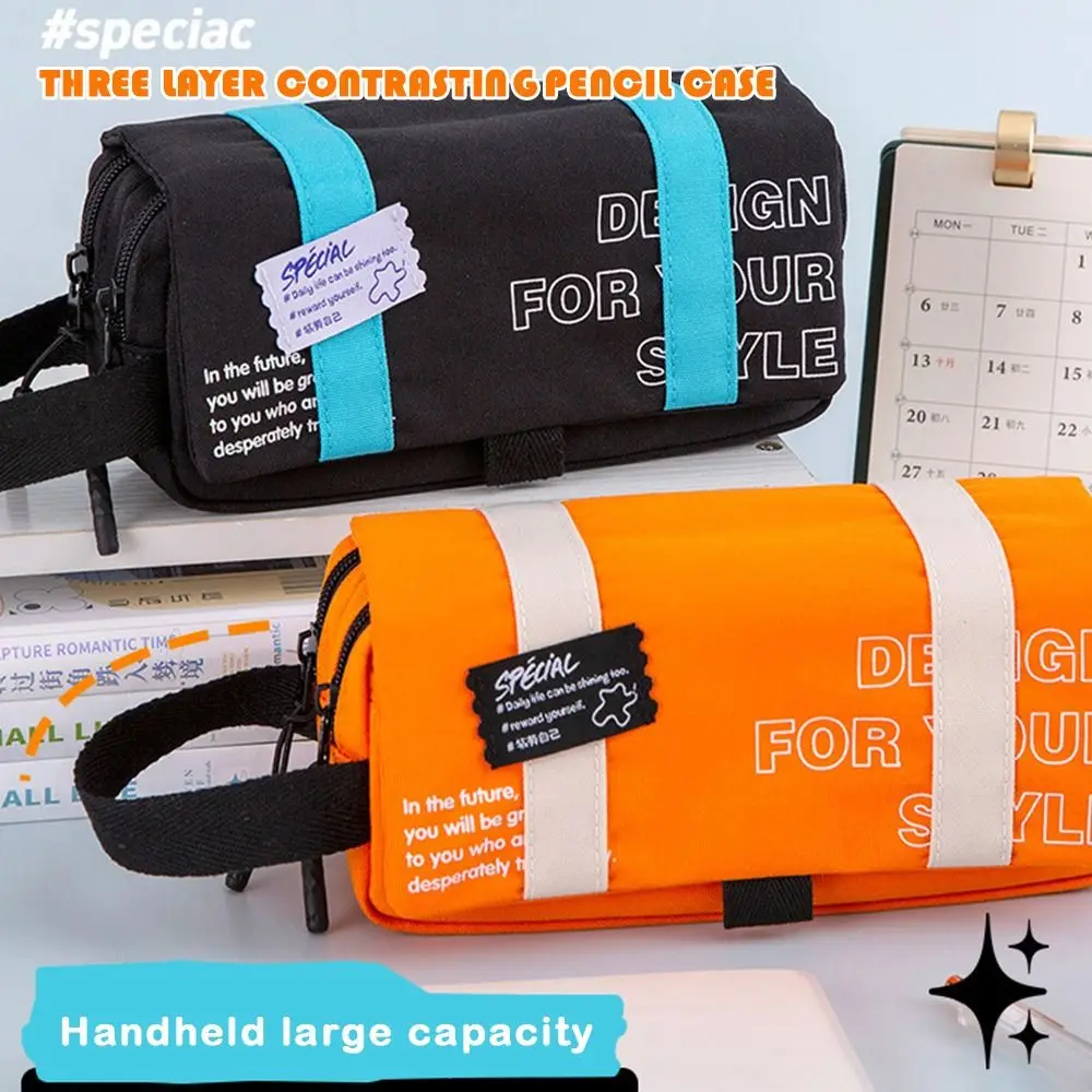 Durable 3 Layers Pencil Case Large Capacity Portable Pen Bag Dirt-proof Letter Printing Pen Case Students