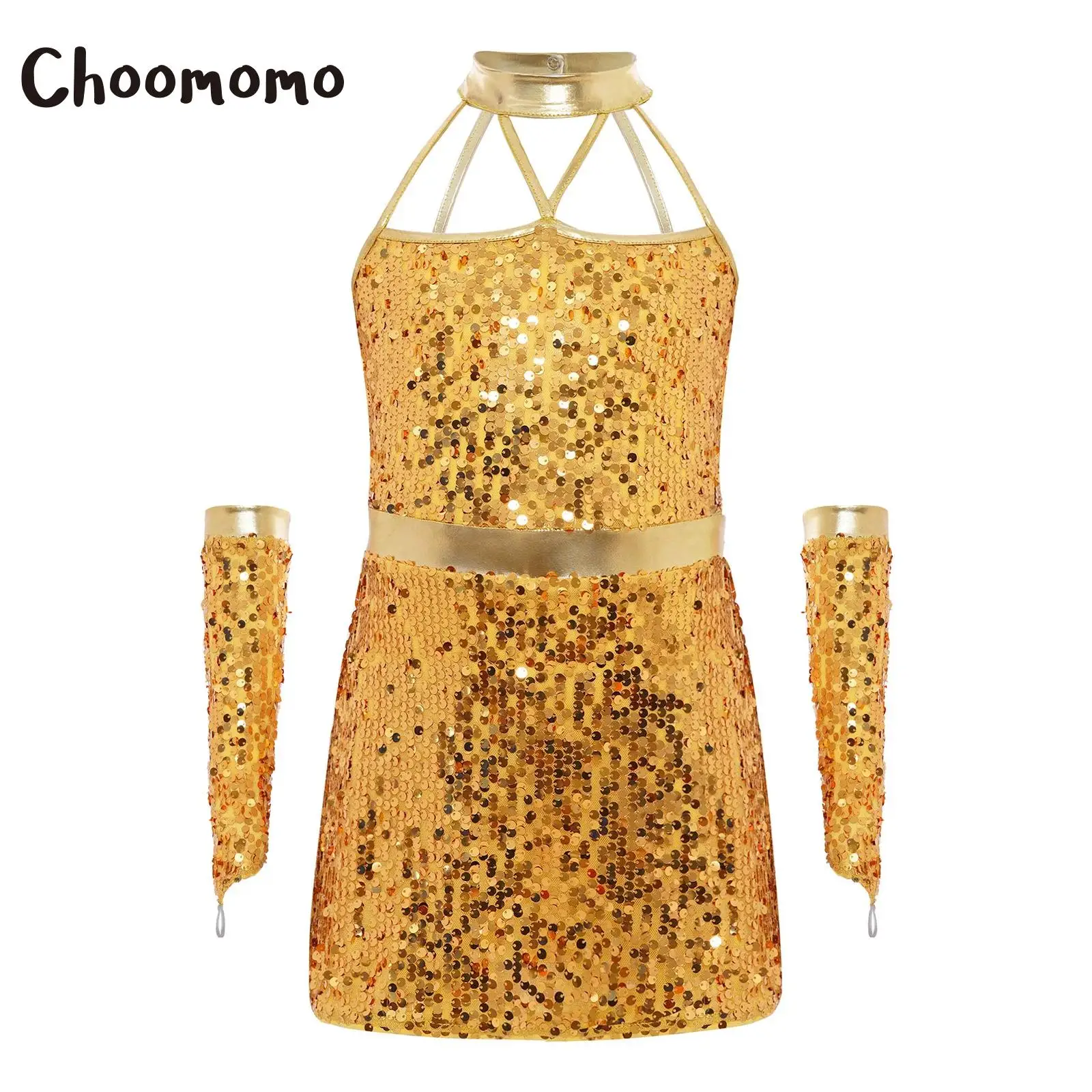 

Girls Jazz Dance Performance Costume Halter Sleeveless Sparkly Sequins Ballet Gymnastics Leotard Dress with Gloves Dancewear Set
