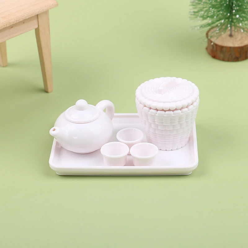 1Set 1/6 Dollhouse Miniature White Teapots Teacups Tea Set Coffee Tea Table Model Toys Dollhouse Furniture Accessories