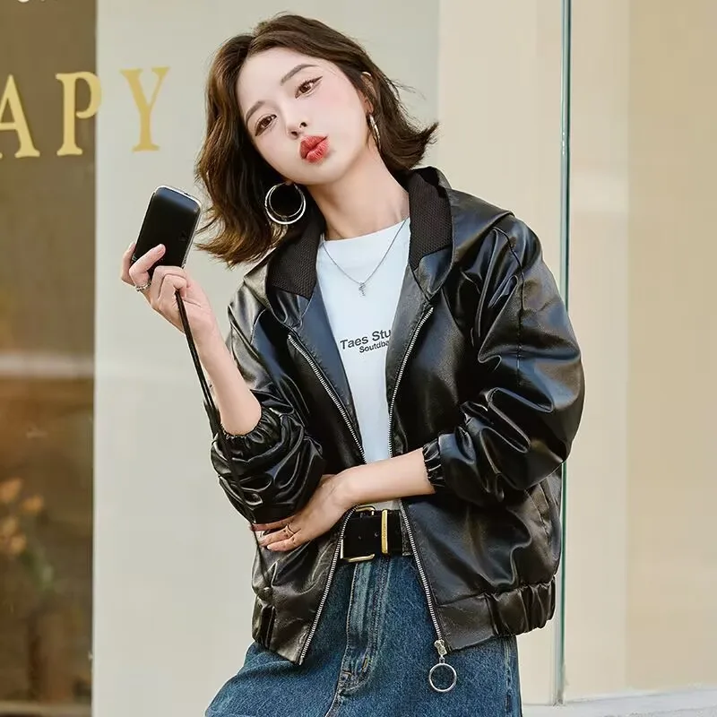 Short Leather Jacket Women's Hooded 2026 New Popular Autumn And