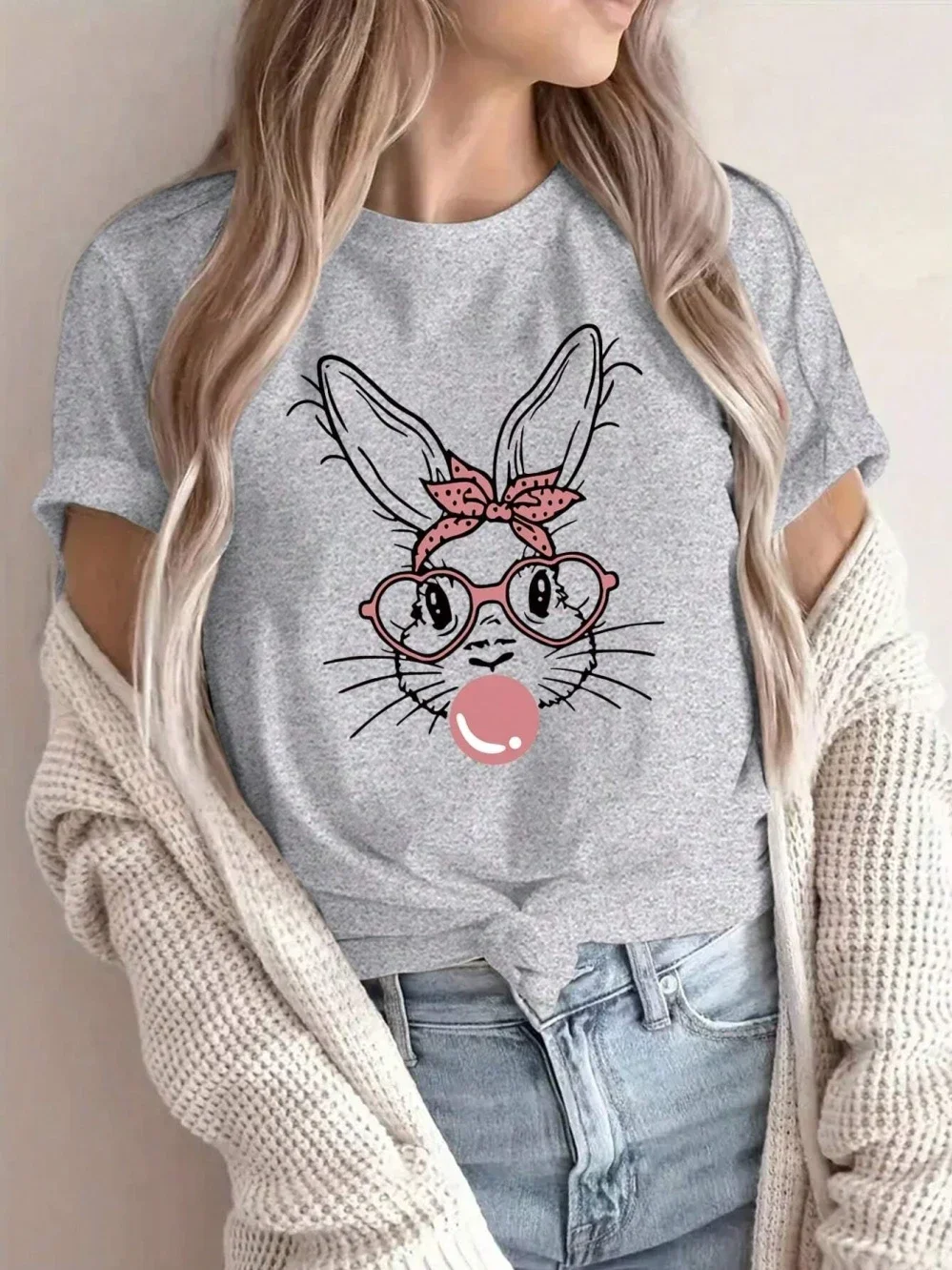 Y2k Short Sleeves Summer Loose T-shirt Fashion Rabbit Blowing Bubble Cotton Casual Tee Oversized Soft Top Street Oversize