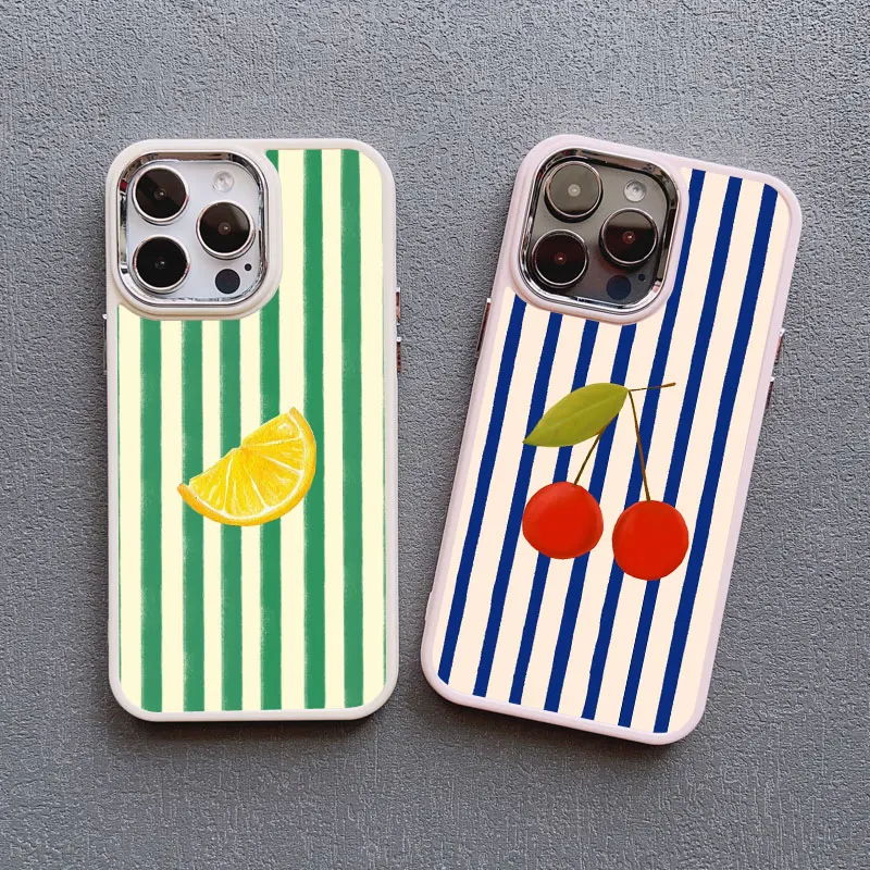 

Red Blue Stripe Fruits Lemon Cherry Sillicone Phone Case for IPhone 16 15 14 Pro Max Plus 13 12 11 Pro Max XR XS X 7 8 SE2 Cover
