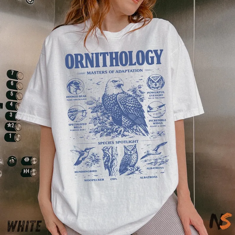 T-shirt vintage sur l'ornithologie, t-shirt graphique sur la biologie, t-shirt avec diagramme d'adaptation des oiseaux des années 90