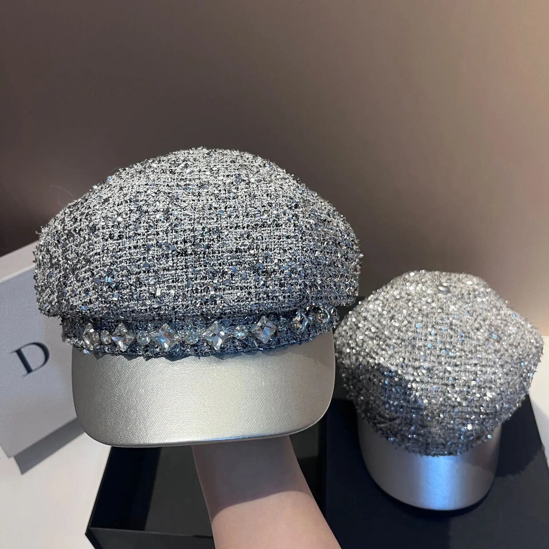 

​​Navy Military Cap Silver Foil Trim RB Faux Leather Brim Tweed Texture Eight-Panel Design Luxury Outdoor Sun Hat Women​​