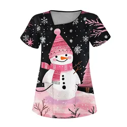 T-Shirt Christmas Nurse Uniform Scrubs Womens Cartoon Elk Print Short Sleeve Pocket Overalls Uniforms Medical Nursing Harajuku