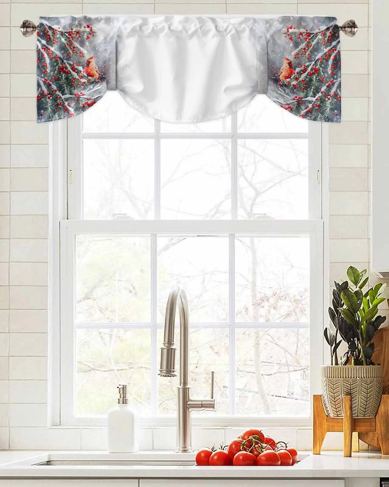 Red Sparrow Berries In Winter Snow Window Curtain Living Room Kitchen Cabinet Tie-up Valance Curtain Rod Pocket Valance