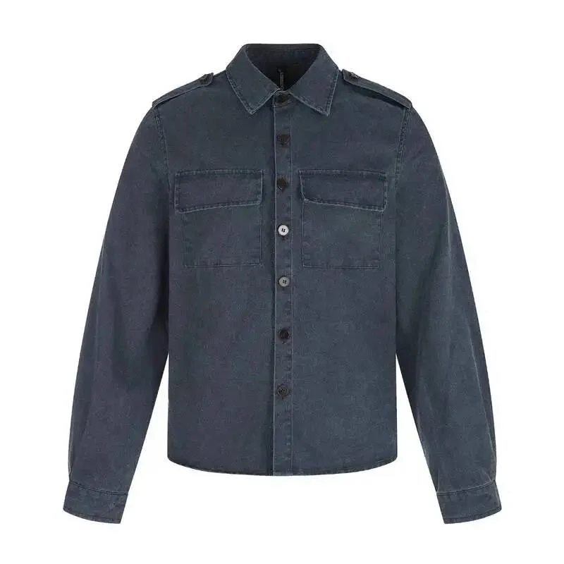 Washed Vintage Straight Shoulder Simple Men's Shirt Jacket Autumn Loose Casual Single Breasted Long Sleeve Short Top QY4M