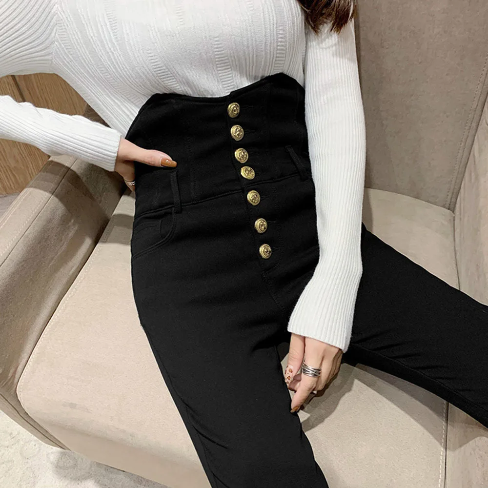 2022 Autumn Spring New Black leggings Casual Elastic High Waist stretch feet pants women\'s Metal Buttons was thin Pencil Pants