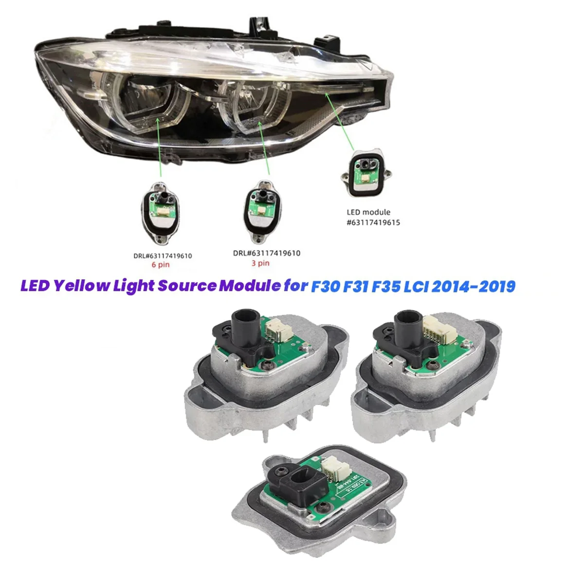 3PCS/Set LED Module Angel Eye Yellow 63117419615 63117419610 for F30 F31 F35 2014-2019 DRL Module