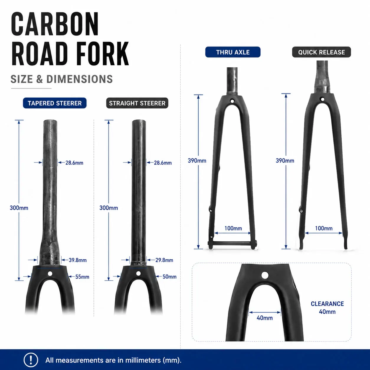 Carbon Fiber Road Bike Fork 700C Disc Brake, Flat Mount, Ultra-Light T800 Toray, 100x12mm Thru Axle/QR, Straight/Tapered Steerer - view 3