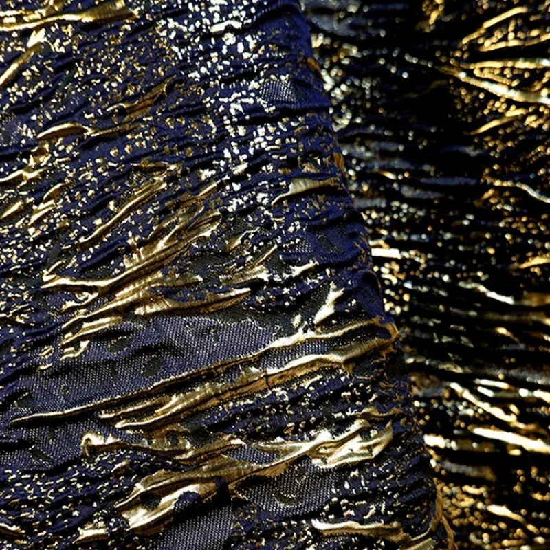 Tecido Jacquard com Textura Convexa e Côncava Super Forte, Padrão de Veios Tridimensionais Azul Dourado, Tecido para Hanfu