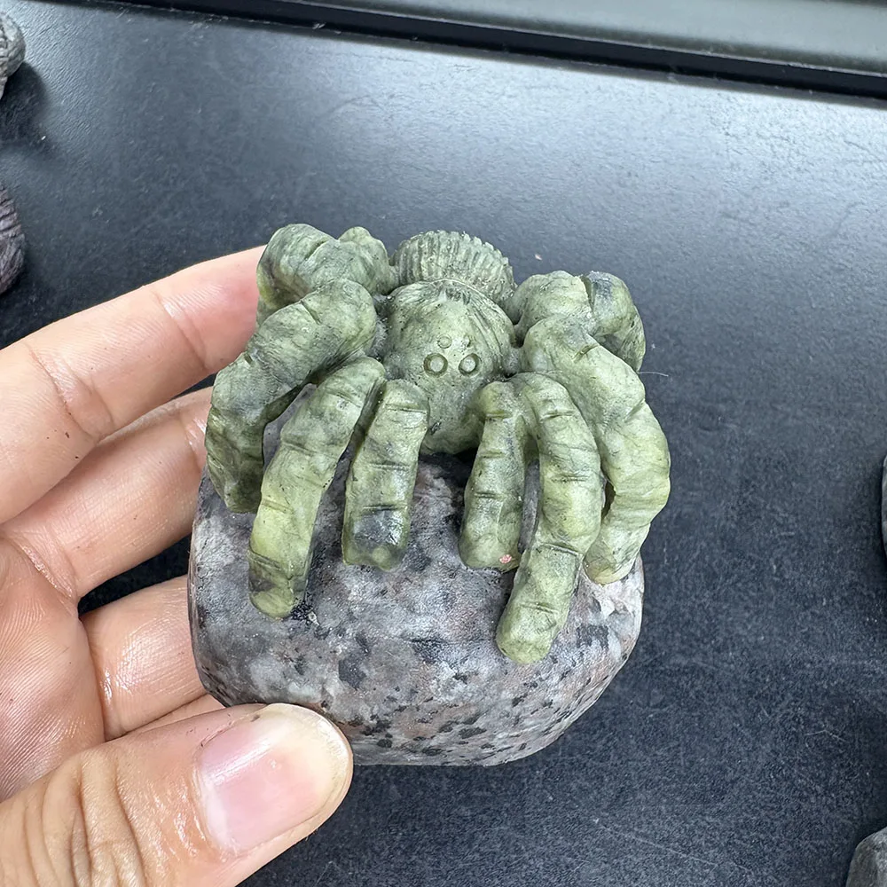 Natural Xiuyan Jade on Yooperlite Spider Figurine - Handcrafted Gemstone Tarantula Statue Healing Crystal Decor