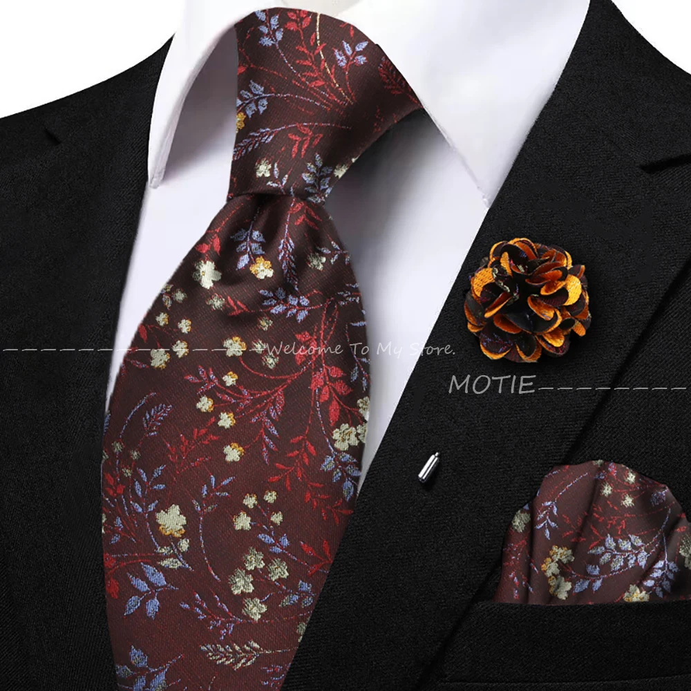 Men's Classic Plant Pattern Tie Set Polyester Pocket Square Handkerchief Butterfly Bowtie For Wedding Daily Wear Shirt Accessory