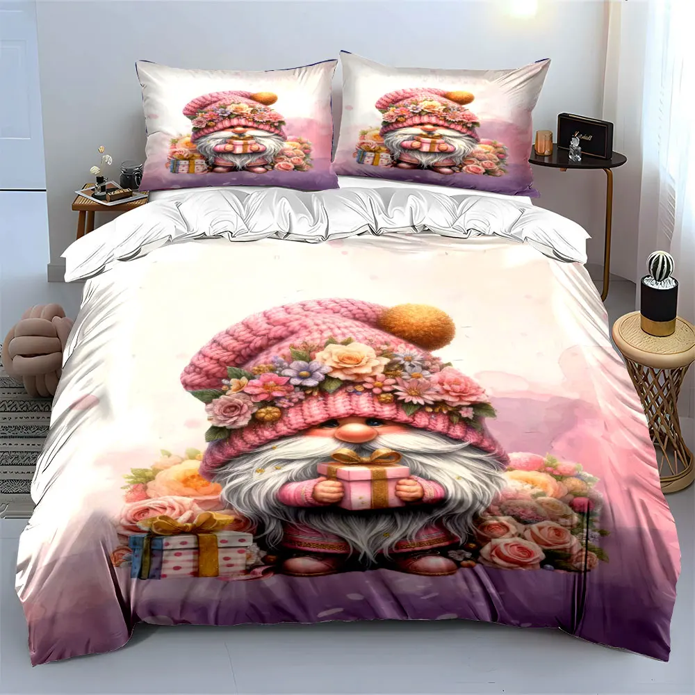 A pink-hatted gnome holding a gift with floral background Print Duvet Cover Bedding Set Included 1*Duvet Cover 2*Pillowcases