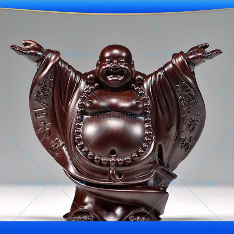 Hand Carved Ebony Wood Happy Buddha Statue Figurine - Laughing Maitreya Big Belly Ornament Prosperity Fortune Home Office Desk