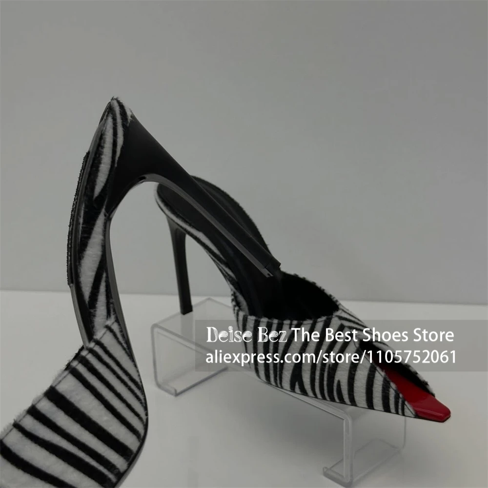 Zebra Faux Horsehair Red Tip V Cut Mules Pointed Stiletto Heel Slippers Black White Zebra Striped Red Toe High Heel Summer Shoes
