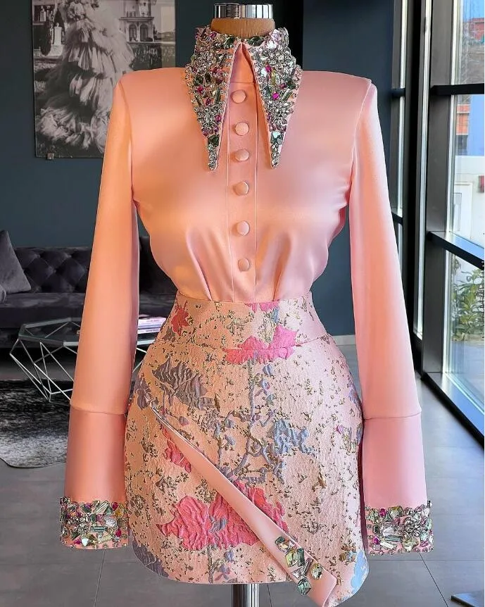 Peach Pink Short Evening Cocktail Dresses Crystal Floral Lace Skirt Long Sleeve Homecoming Birthday Gown فساتين طويلة