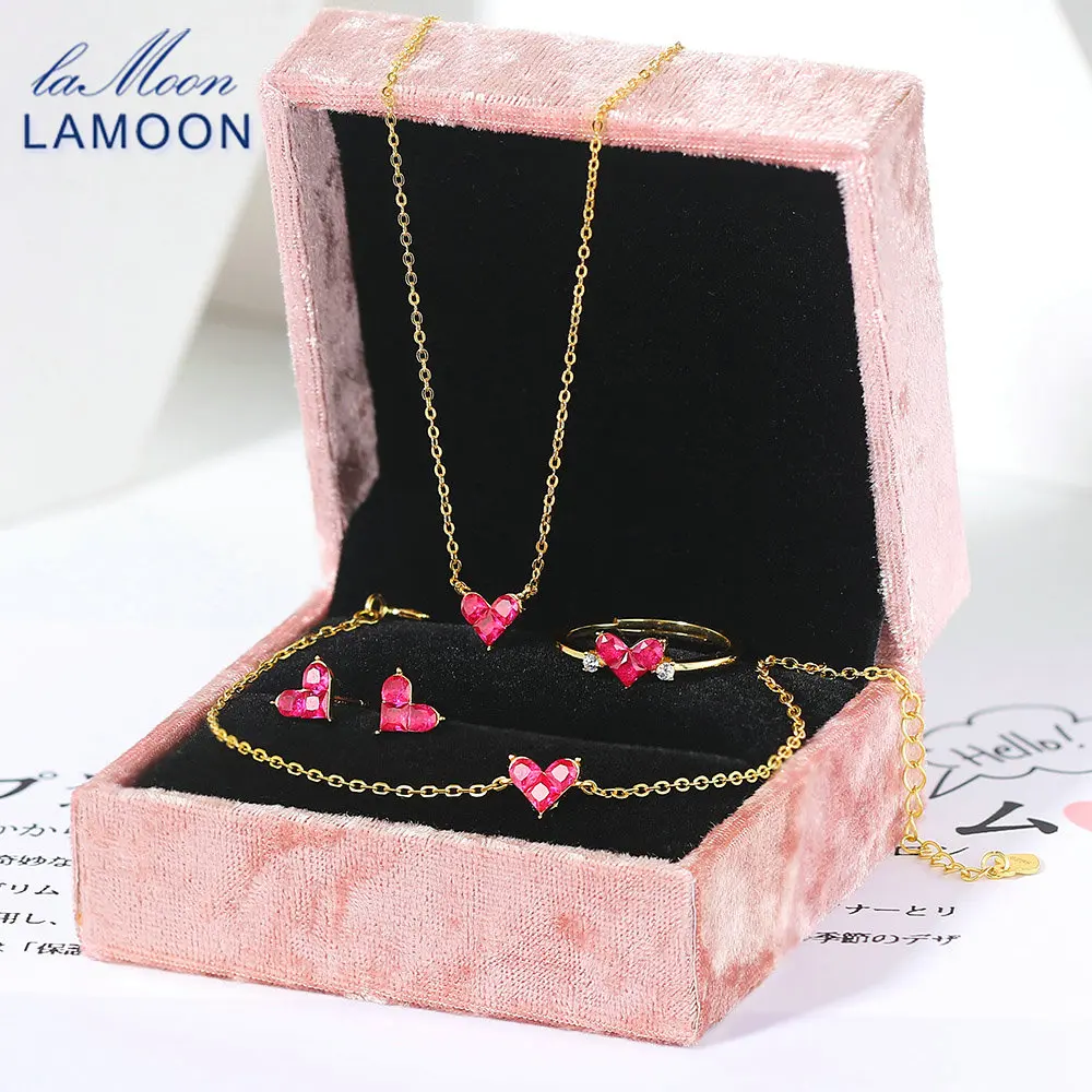 LAMOON 925 Silver Jewelrys Set For Women Korea Fashion Style Sweety Heart Synthetic Corundum K 14K Gold Plated Fine Jewelry V096