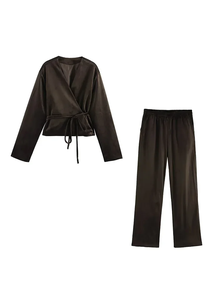 

Willshela Women Fashion Two Piece Set Solid V-Neck Shirts With Belt & Vintage Straight Pants Female Chic Lady Pants Suit