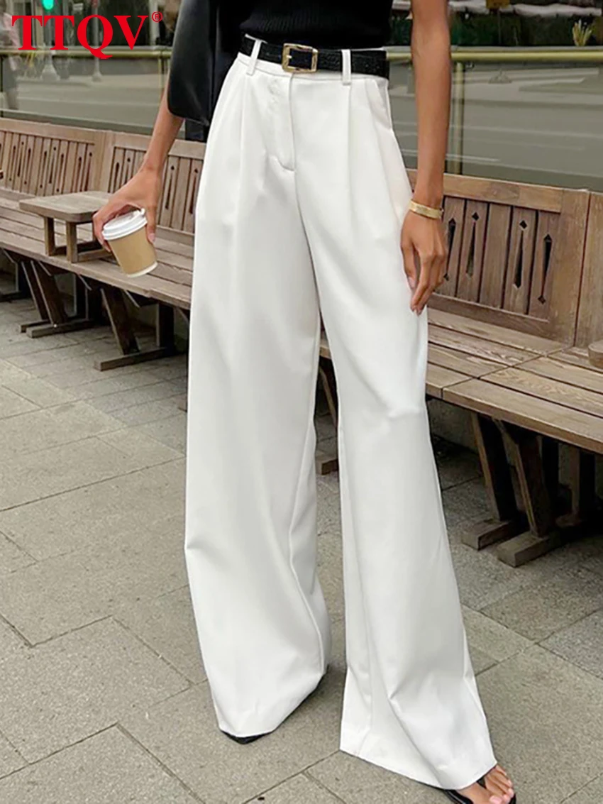 

TTQV Fashion Loose White Office Women's Pants Casual High Waist Wide Pants Elegant Classic Full Length Trousers Female Cloth