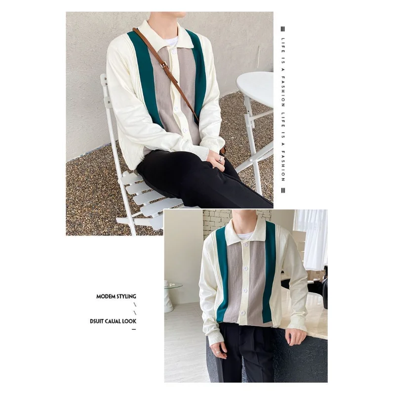 Casual Men's Long Sleeve Knitted Cardigan Jacket Korean Style Shirt Collar Patch Sweater Top
