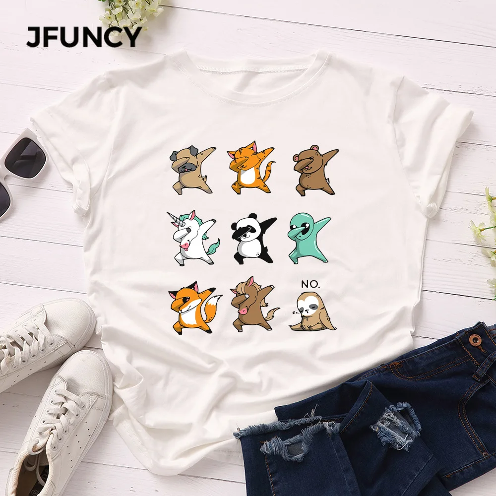 JFUNCY  100% Cotton Summer Tshirt Cartoon Animals Print Women T-Shirt Short Sleeve Woman Tee Tops Female T Shirt