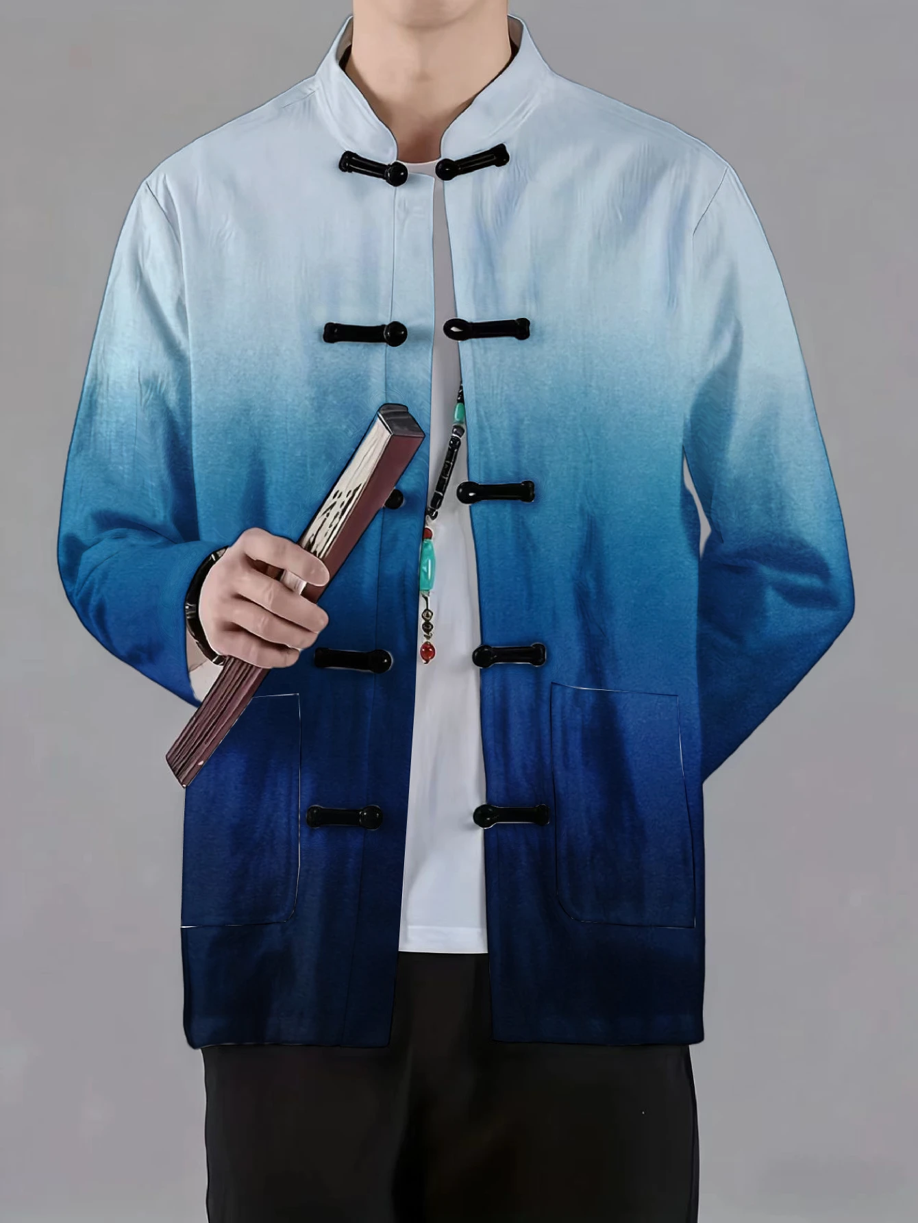 Men Men Mandarin Collar Frog Button Jacket Ink Wash Bamboo Gradient Art Print Traditional Outerwear - Aliexpress Deal