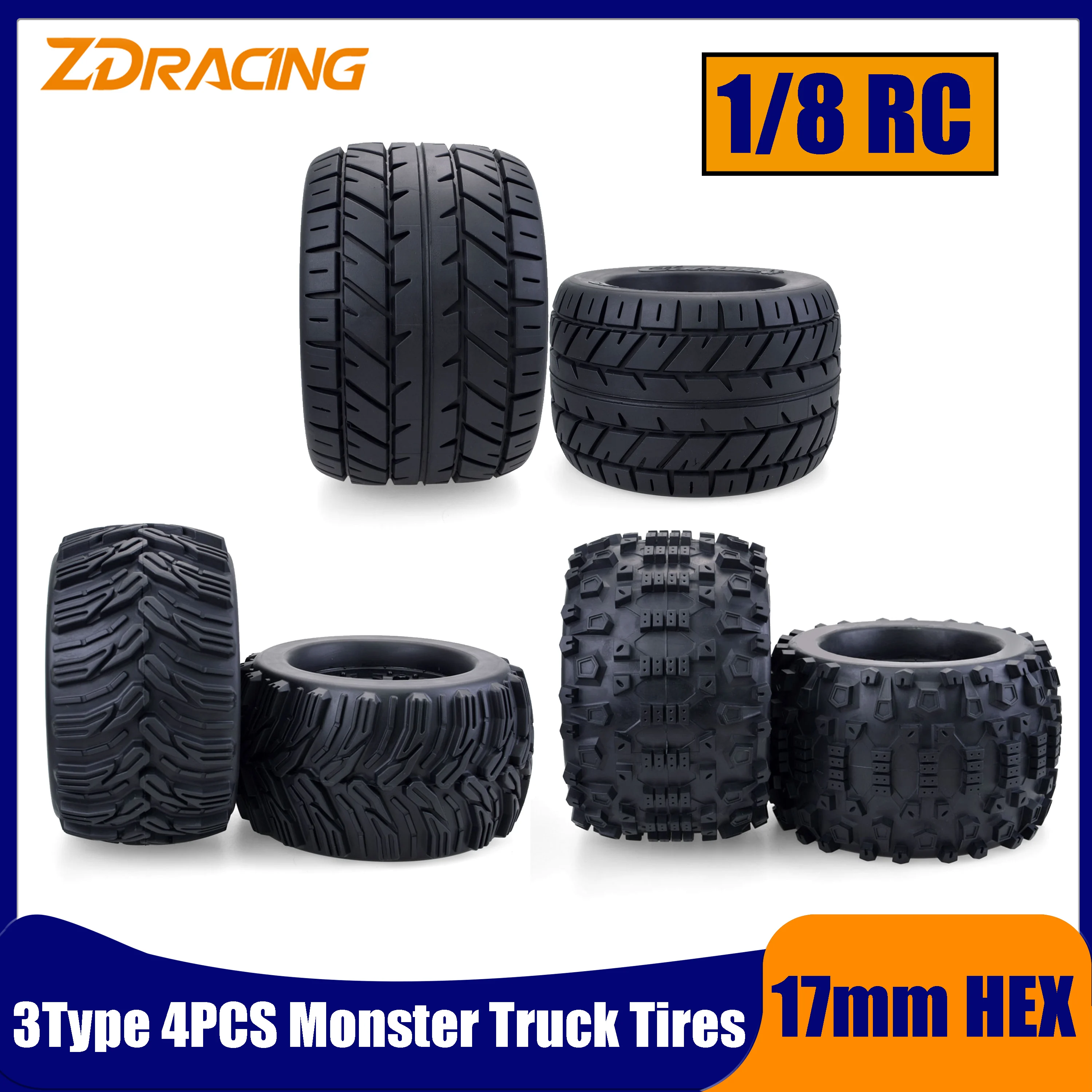 

4PCS 1/8 ZD Racing 17mm Hex Monster Tires Wheels for RC Off-road Car Truck Redcat Rovan HPI Savage XL MOUNTED GT FLUX HSP Part