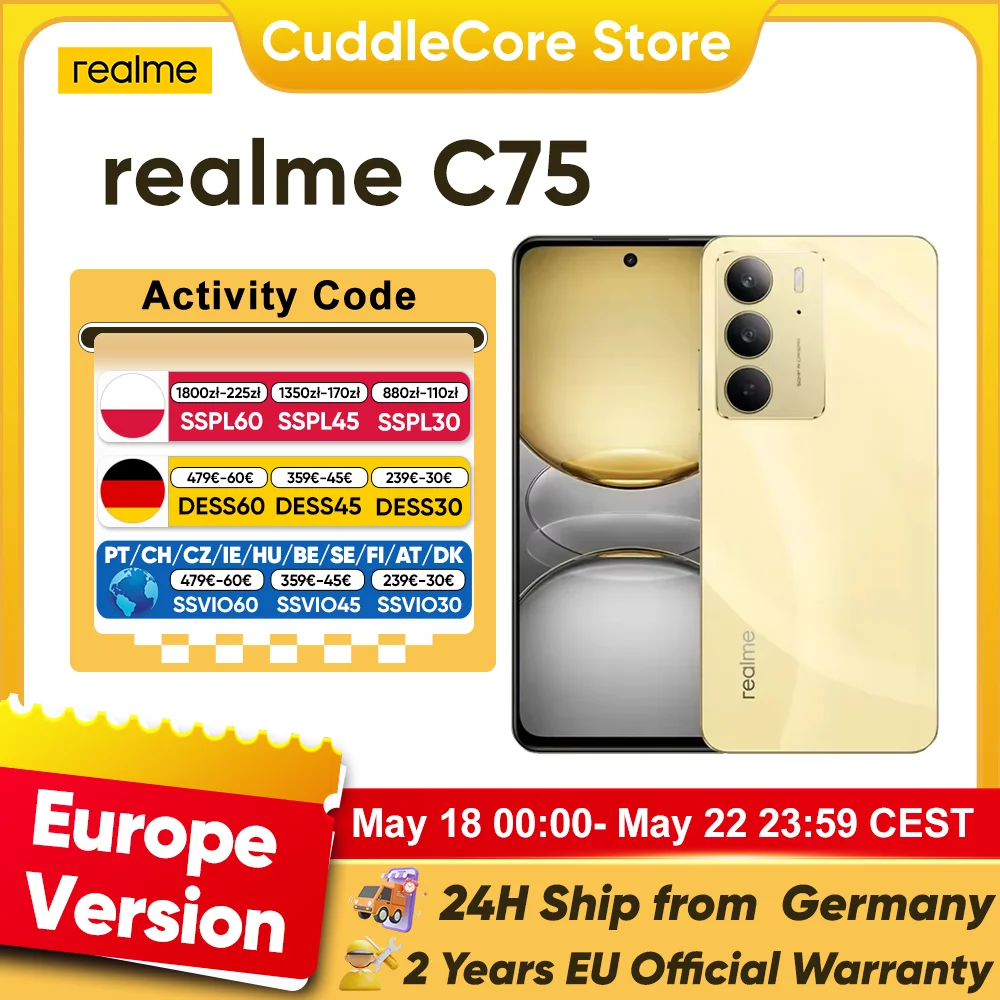 Smartphone realme C75, MediaTek Helio G92, écran 6,72'' 90Hz, batterie 6000mAh, appareil photo 50MP, charge rapide 45W, IP69, version globale