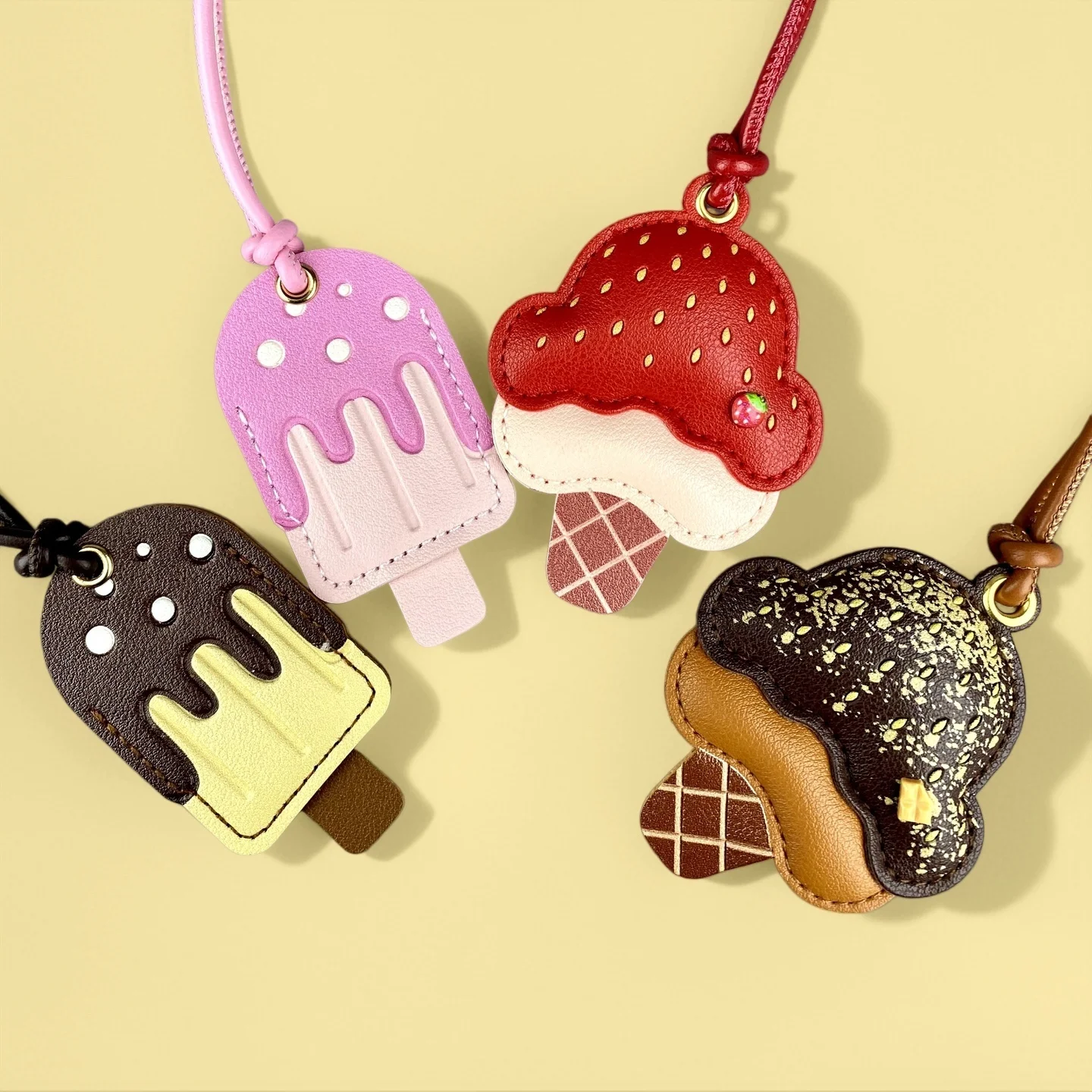 Kawaii PU Leather Ice Cream & Popsicle Bag Charm, 6 Styles with Leather Strap, Cute Food Keychain, Sweet Treat Bag Pendant