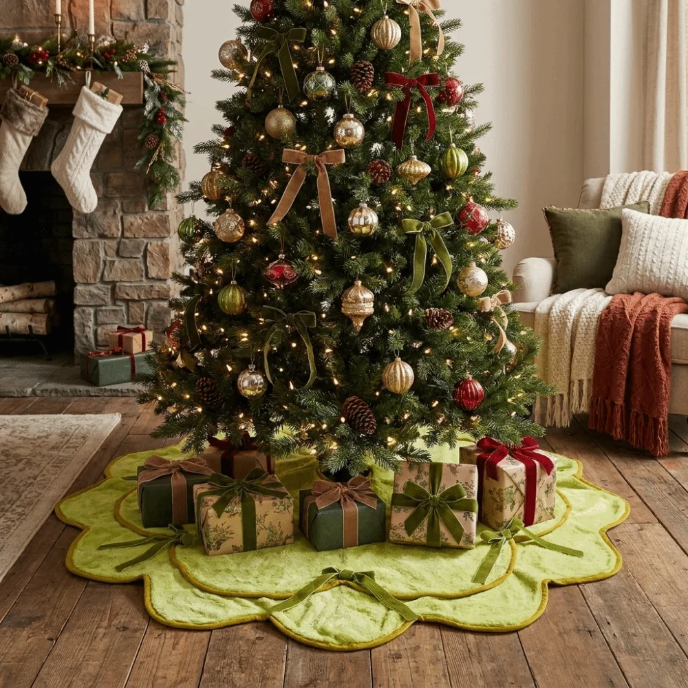 Soft Velvet Christmas Tree Skirt Elegant Edge Plush Surface Furry Tree Skirt Delicate Trim Rustic Style Gold Lace Tree Skirt